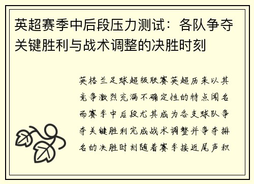 英超赛季中后段压力测试:各队争夺关键胜利与战术调整的决胜时刻 英超赛季中后段压力测试:各队争夺关键胜利与战术调整的决胜时刻